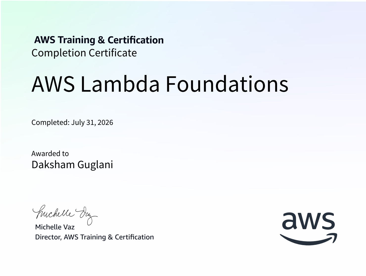 AWS Lambda Foundations certificate preview