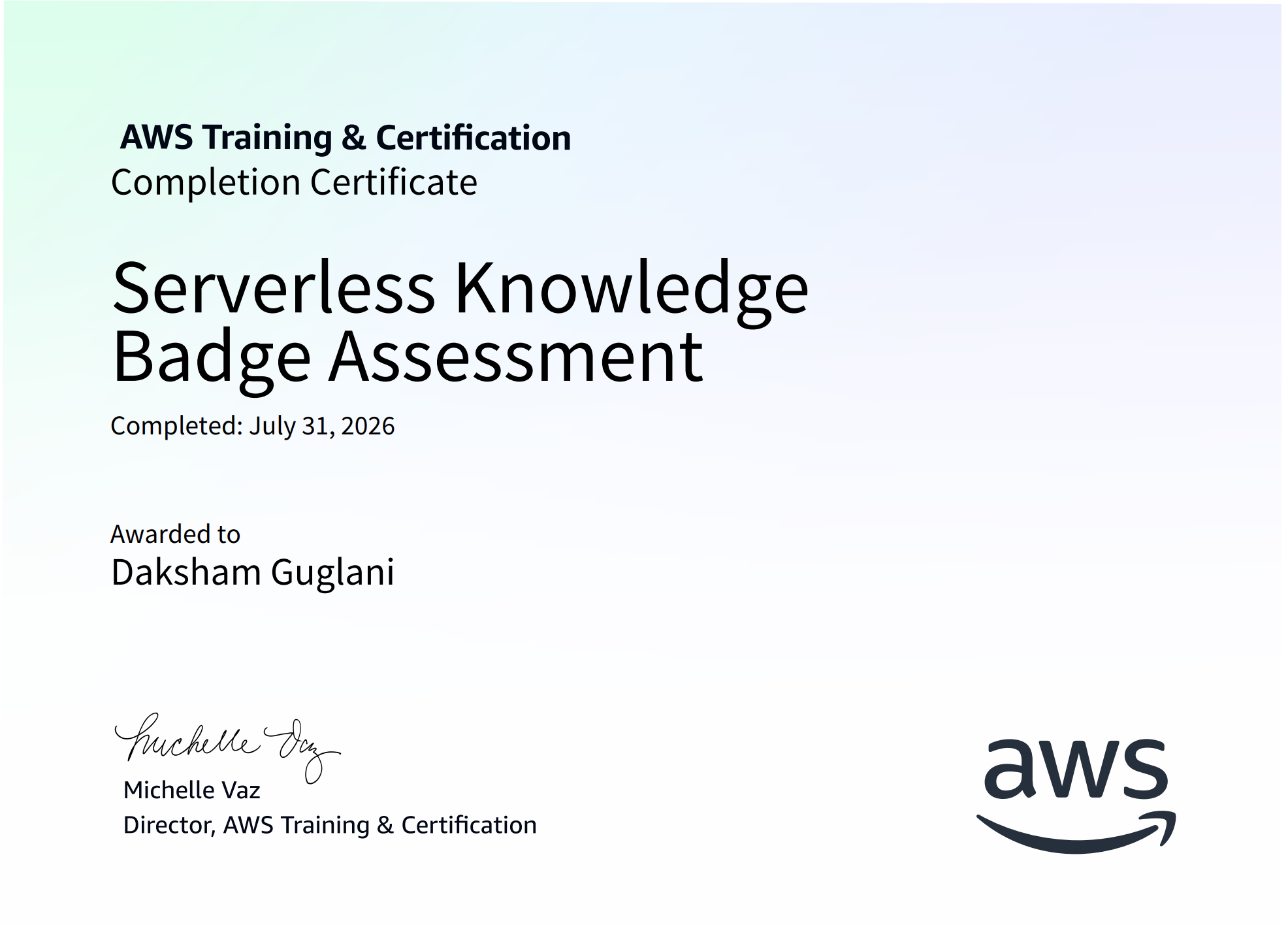 Serverless Knowledge Badge Assessment certificate preview